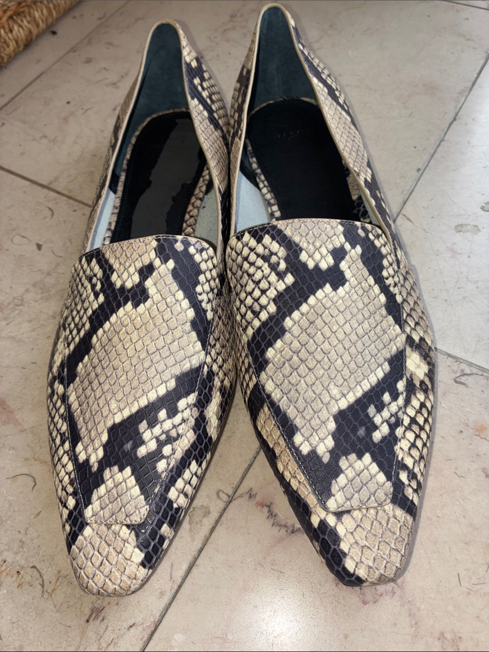 Marc Fisher Snake-Print Pointed Flats in Beige and Black